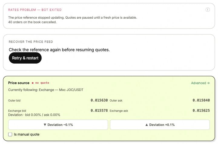 A failed reference with a No quote status and its selected exchange in the ANSIO demo.