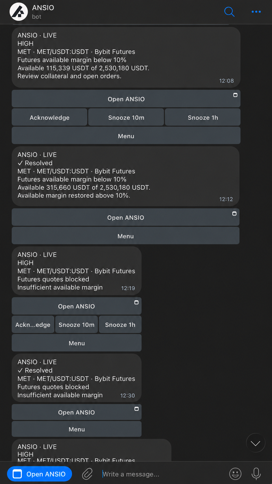 ANSIO Telegram margin and blocked-quotes alerts with Acknowledge and Snooze controls.