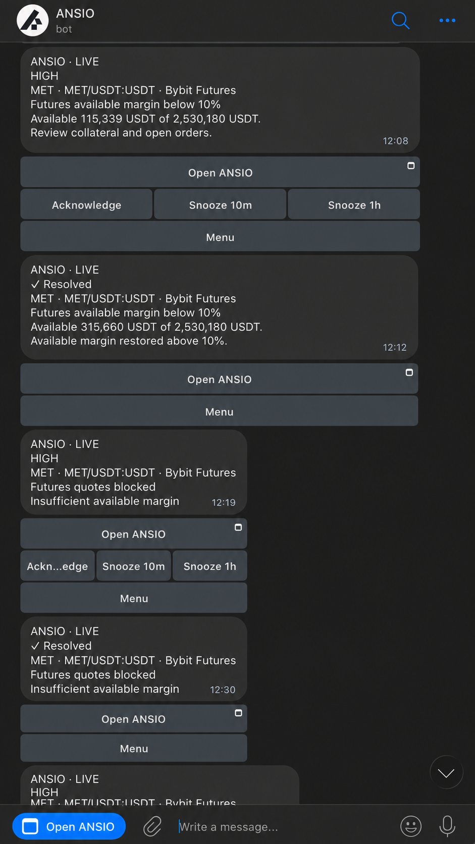 ANSIO Telegram margin and blocked-quotes alerts with Acknowledge and Snooze controls.