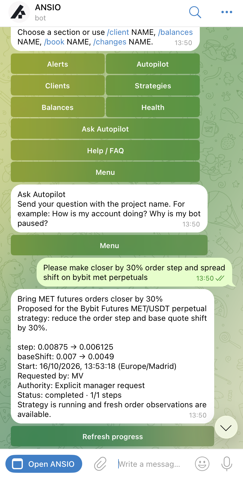 ANSIO Telegram menu and an Autopilot task with its completed result.