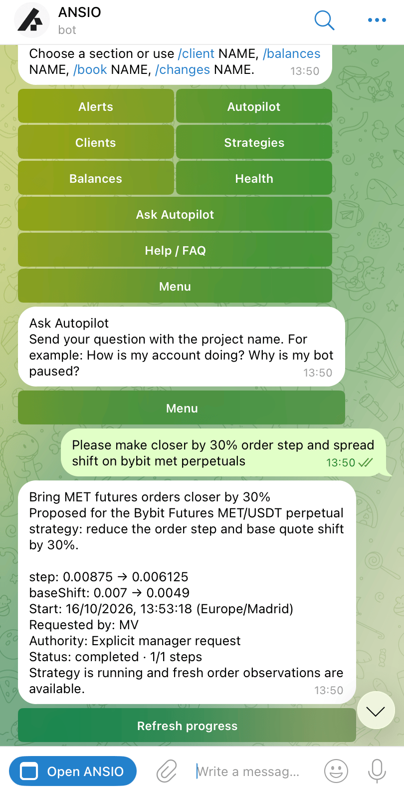 ANSIO Telegram menu and an Autopilot task with its completed result.