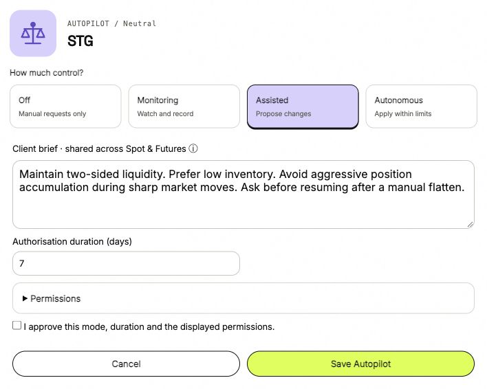 Autopilot setup with Assisted selected, a client brief, seven-day authorization and an expandable Permissions section.