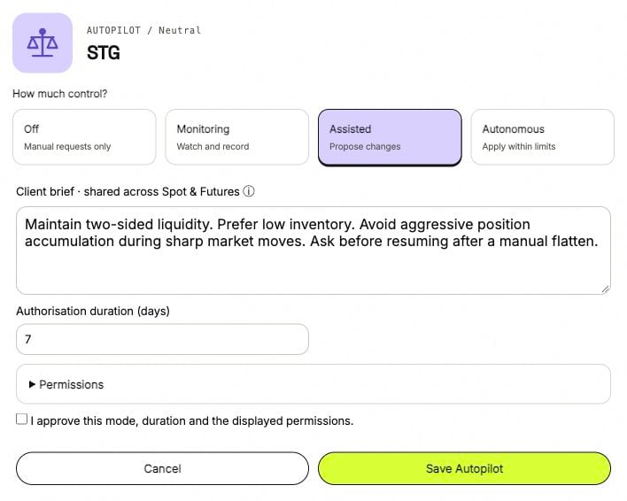 Autopilot setup with Assisted selected, a client brief, seven-day authorization and an expandable Permissions section.