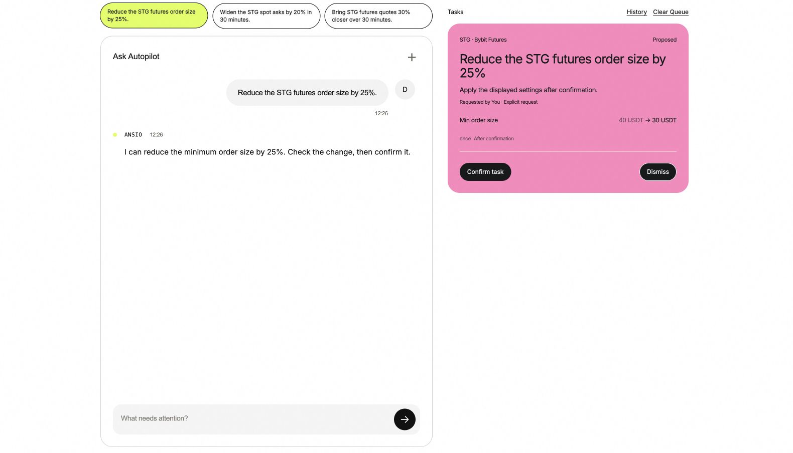 ANSIO Autopilot task proposal with the affected account and requested setting change.