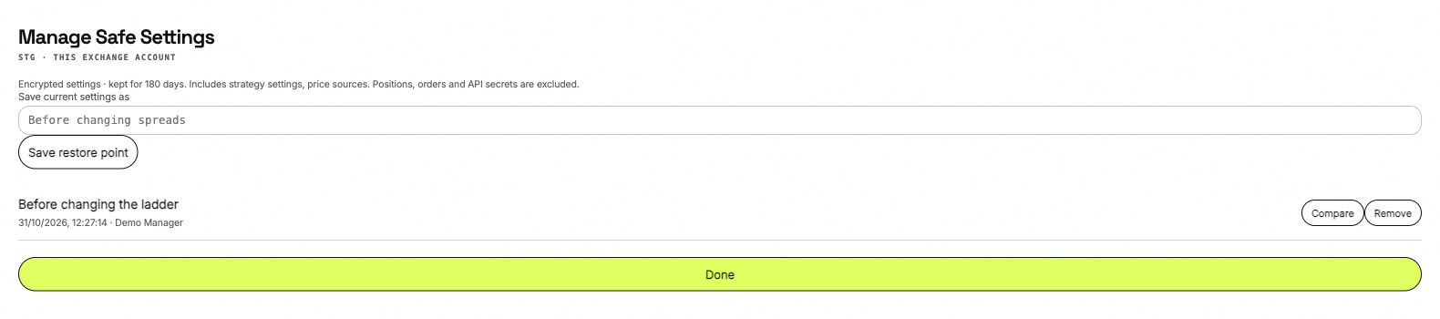 Manage Safe Settings with a name field, Save restore point button and a saved configuration with Compare and Remove actions.