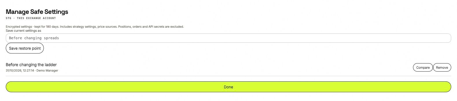 Manage Safe Settings with a name field, Save restore point button and a saved configuration with Compare and Remove actions.