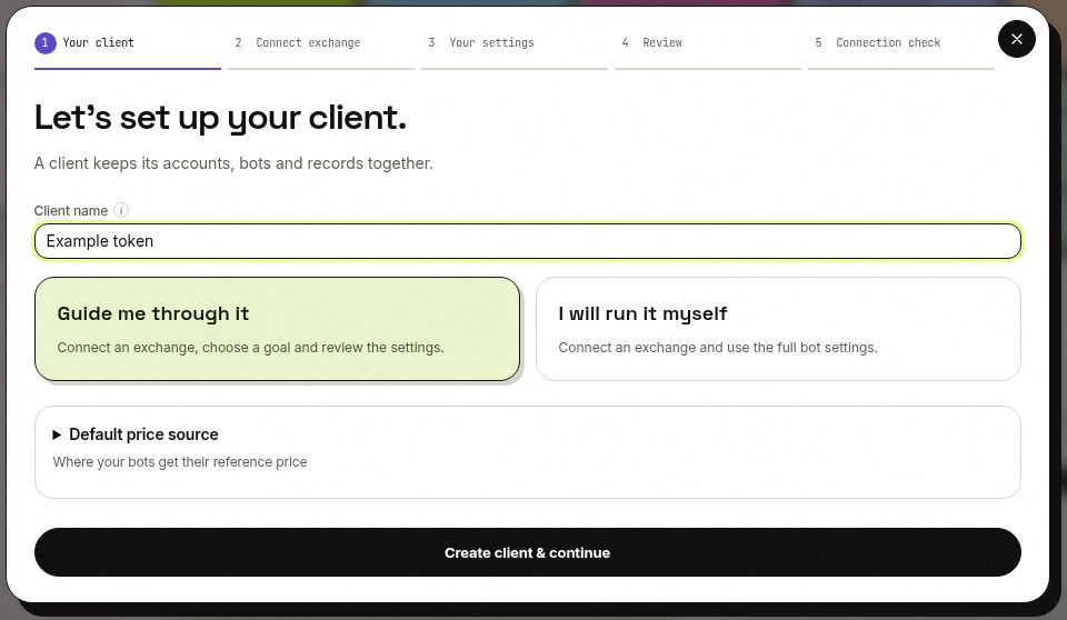 ANSIO client setup with a client name and guided or manual options