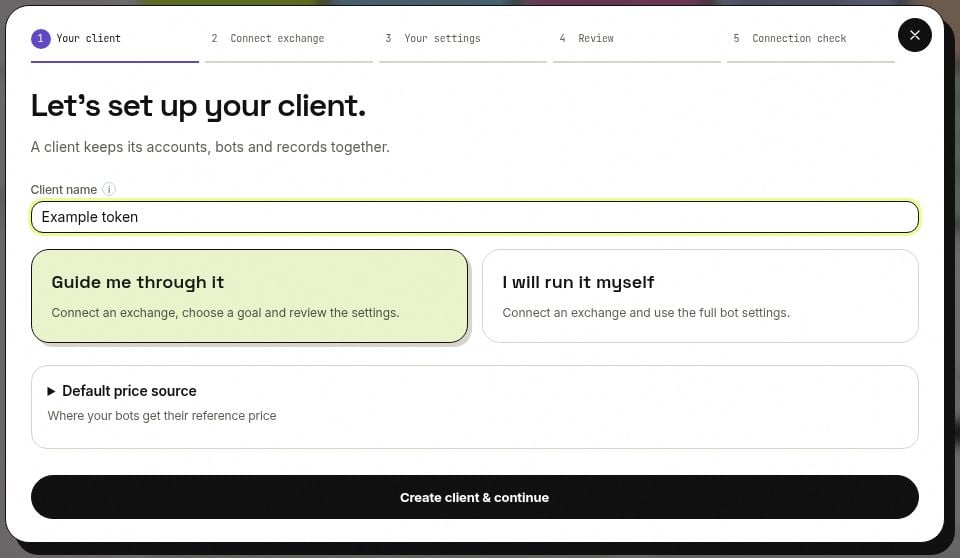 ANSIO client setup with a client name and guided or manual options