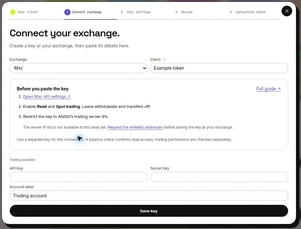 ANSIO exchange connection form with API settings link and IP whitelist guidance