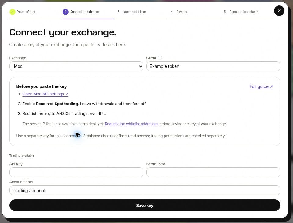 ANSIO exchange connection form with API settings link and IP whitelist guidance