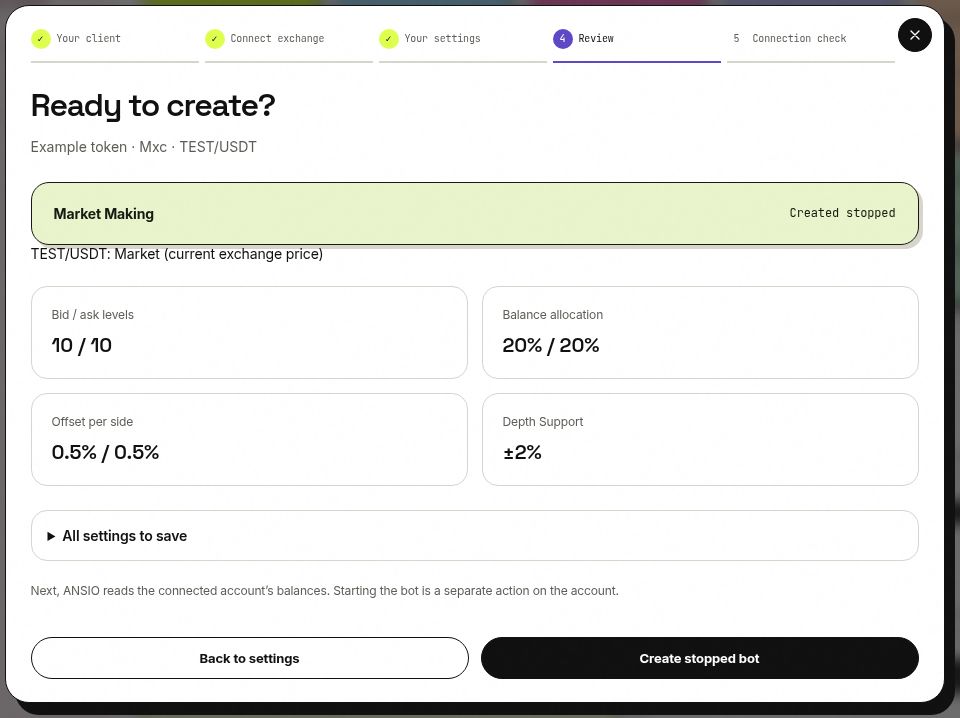 ANSIO setup review showing order levels, allocated balances, spread offsets and Depth Support