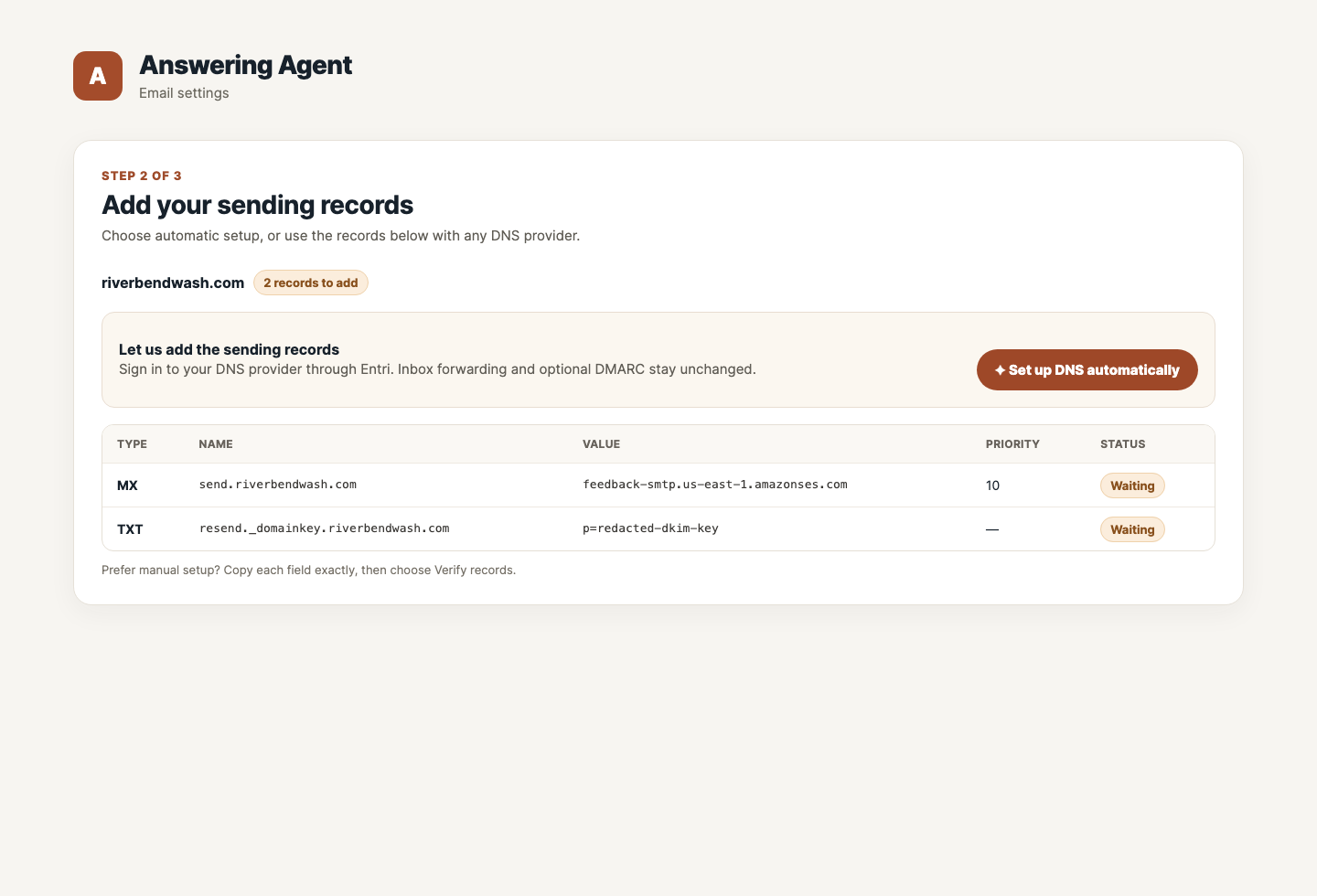 Choose automatic setup or copy the exact manual records
