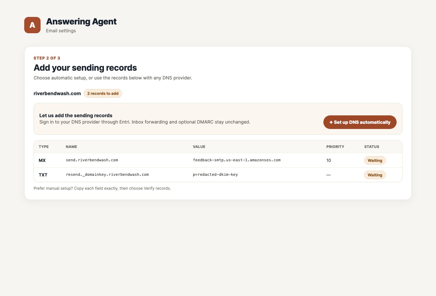 Choose automatic setup or copy the exact manual records