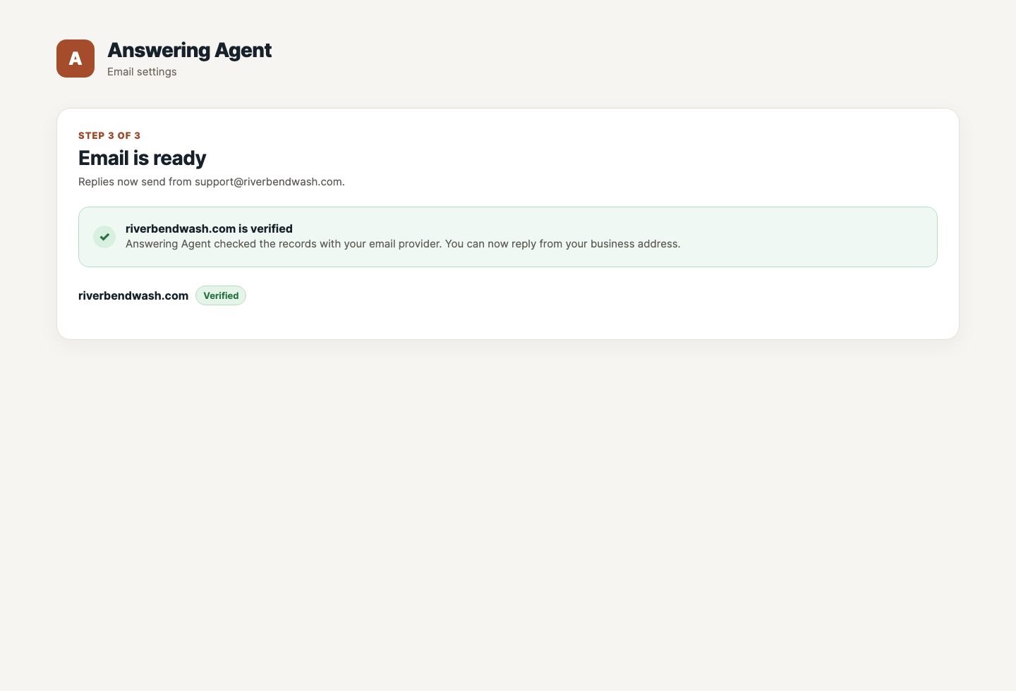 A verified sending domain is ready for dashboard replies