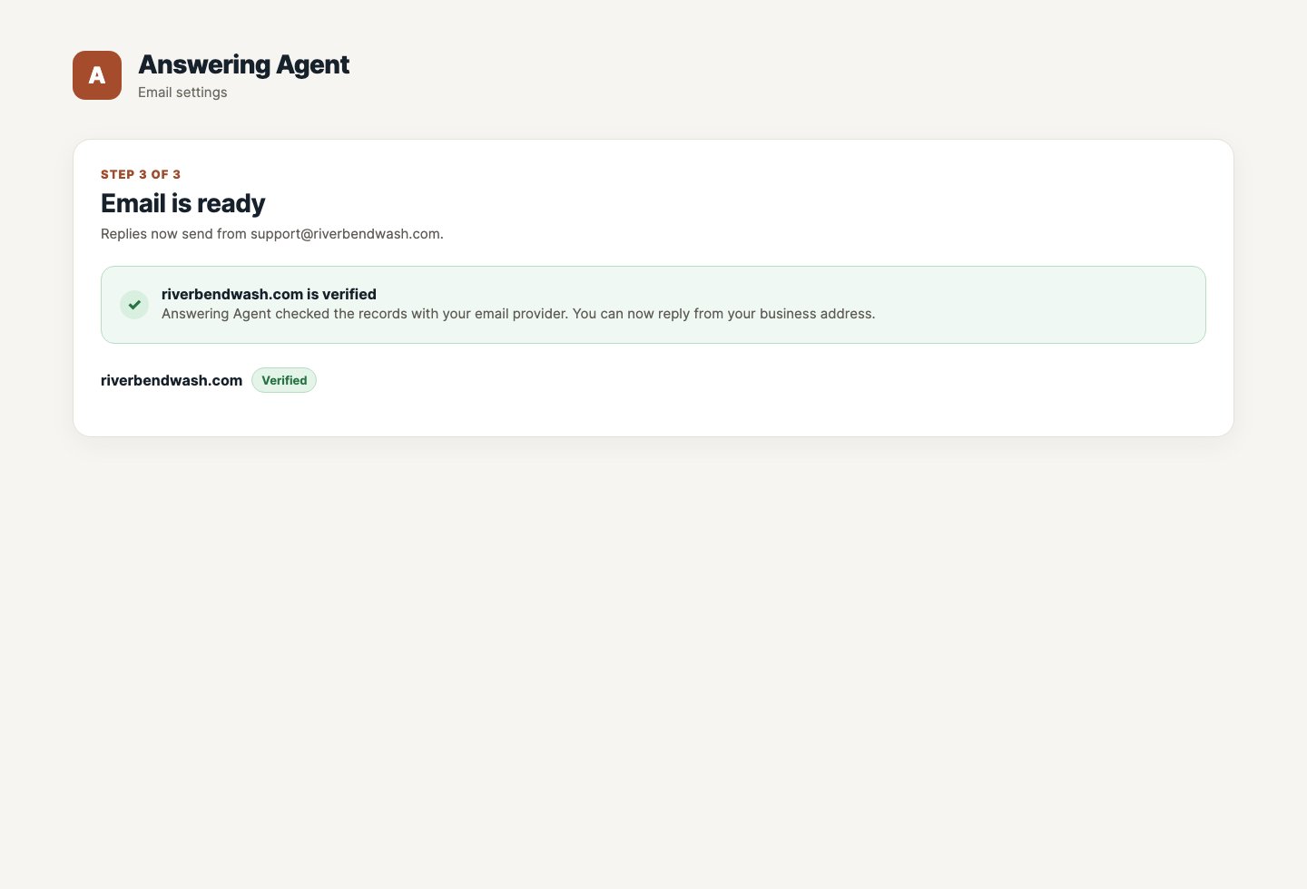 A verified sending domain is ready for dashboard replies