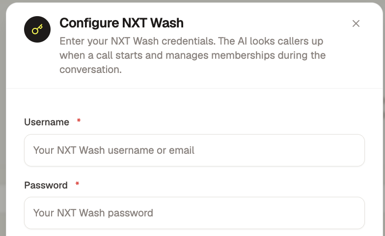 Configure NXT Wash dialog with Username and Password fields
