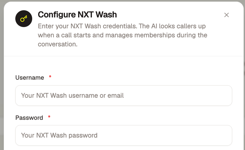 Configure NXT Wash dialog with Username and Password fields
