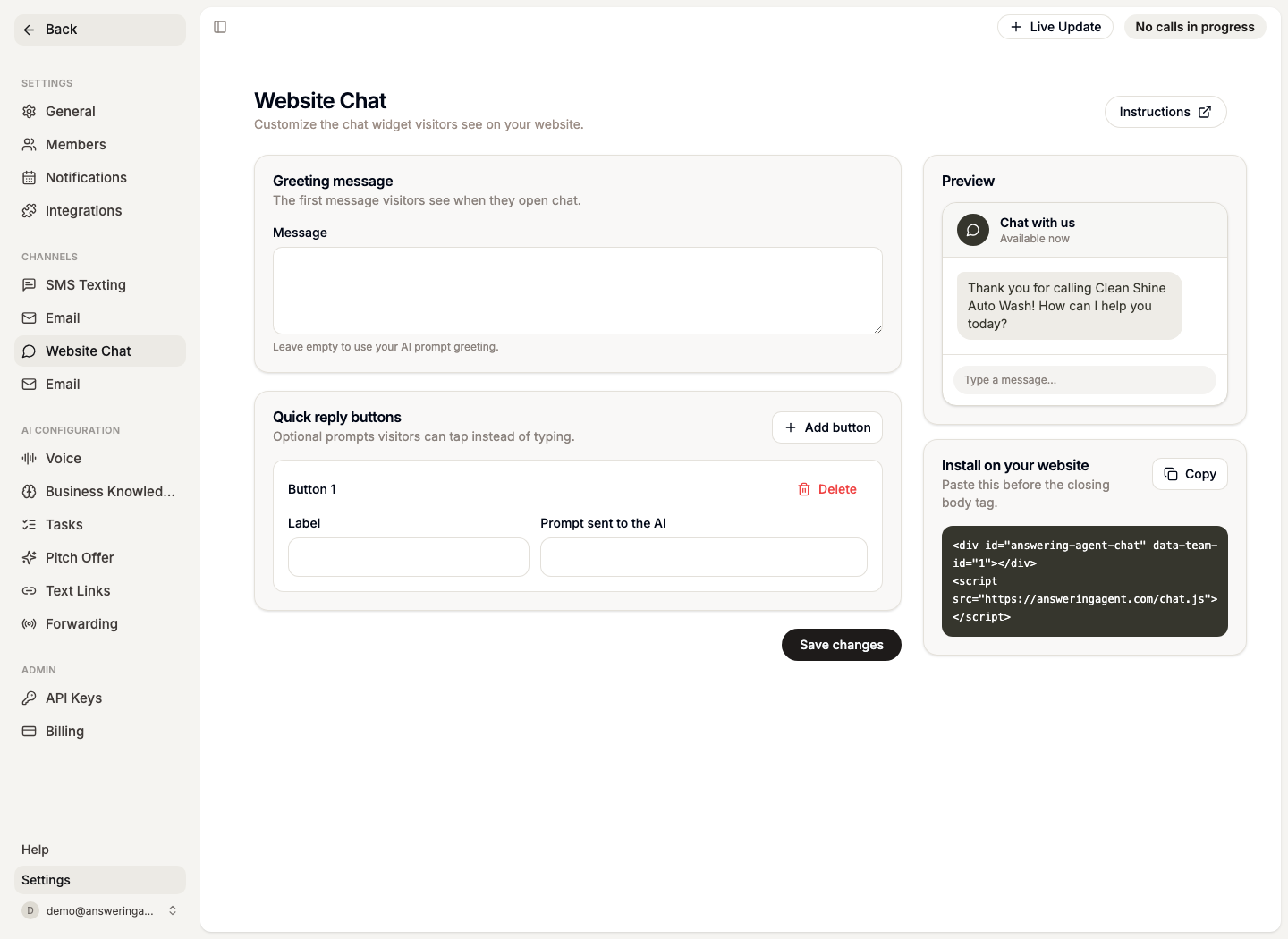Website Chat setup page