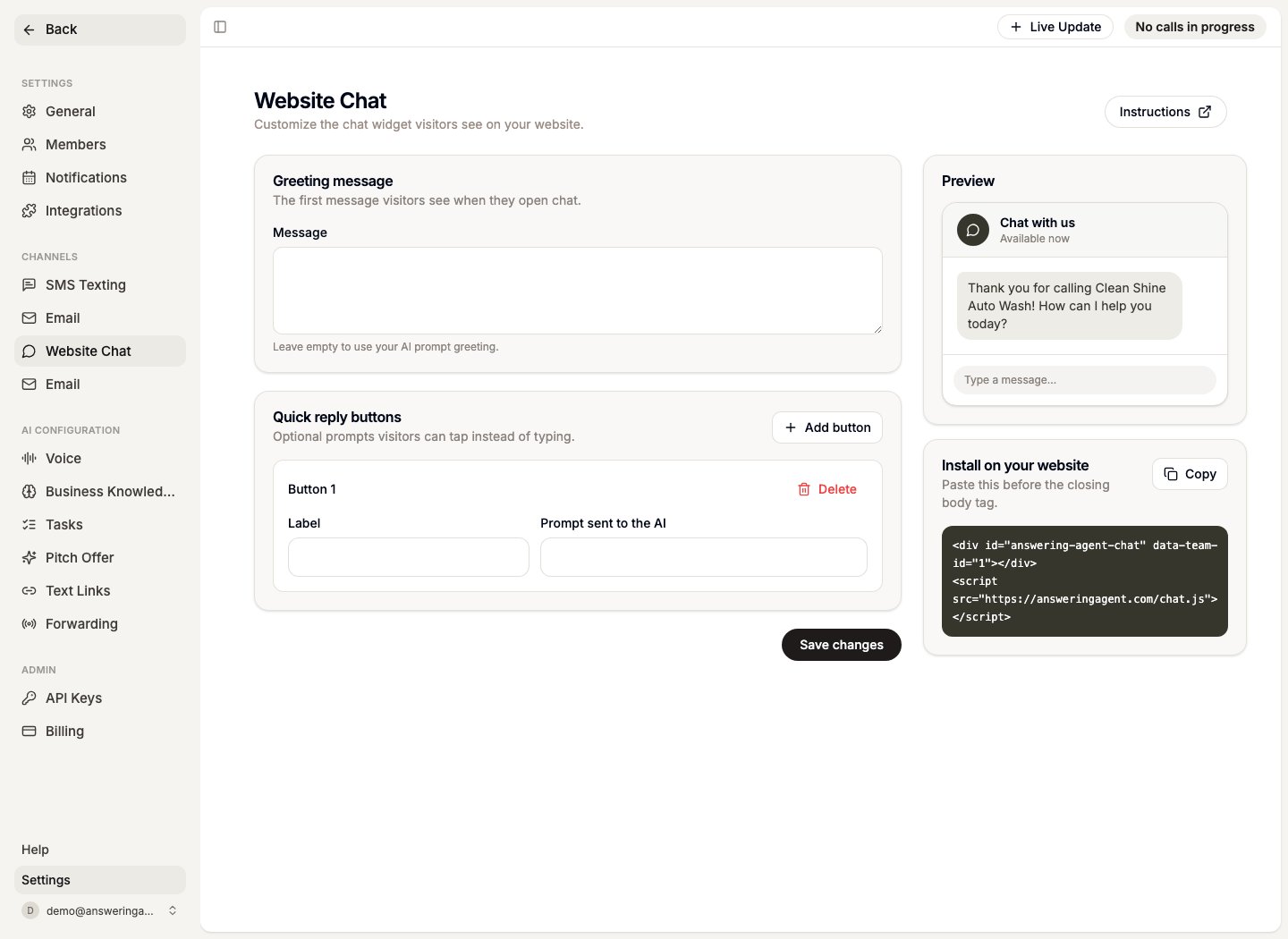 Website Chat setup page