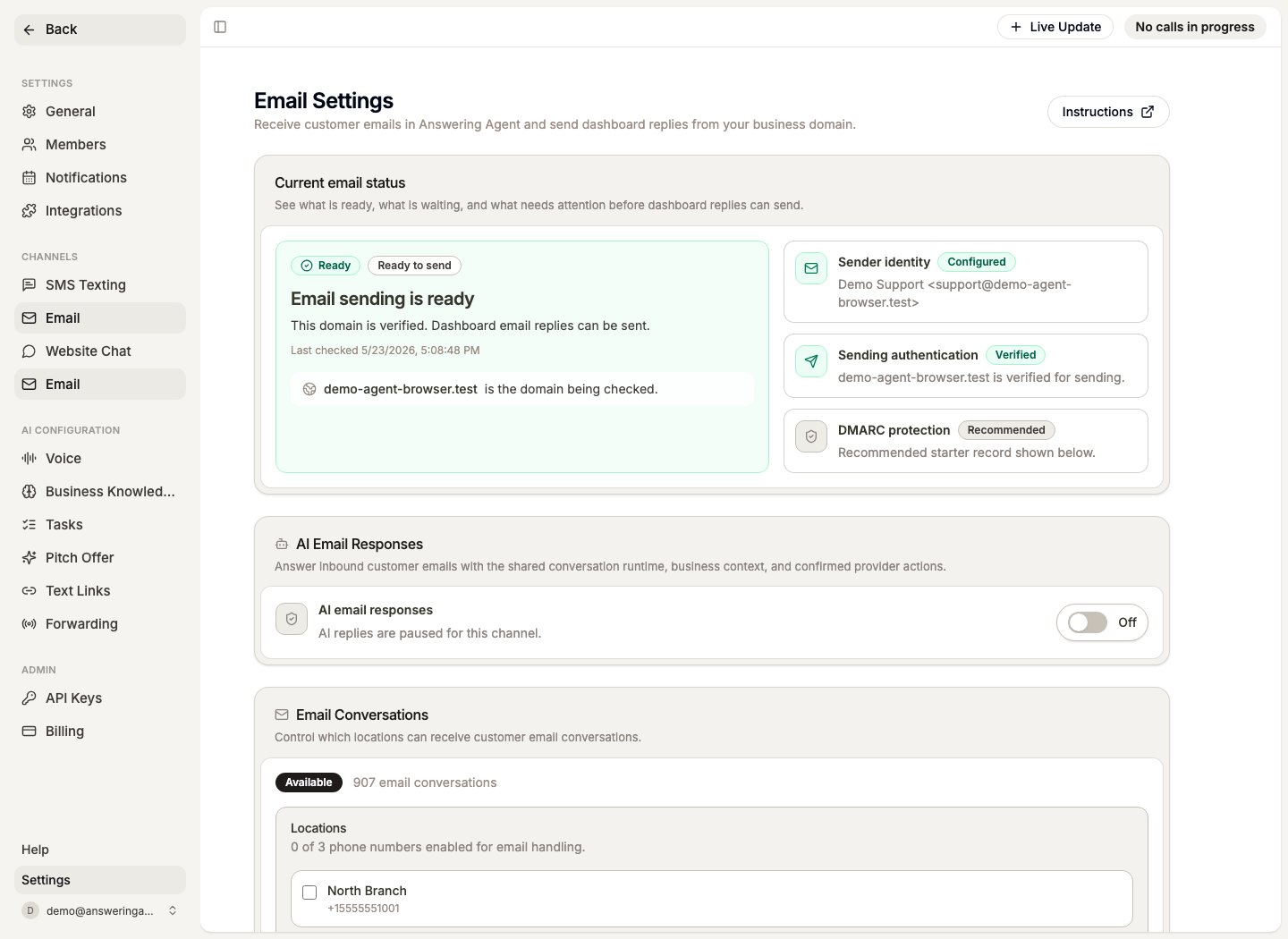 Email setup page