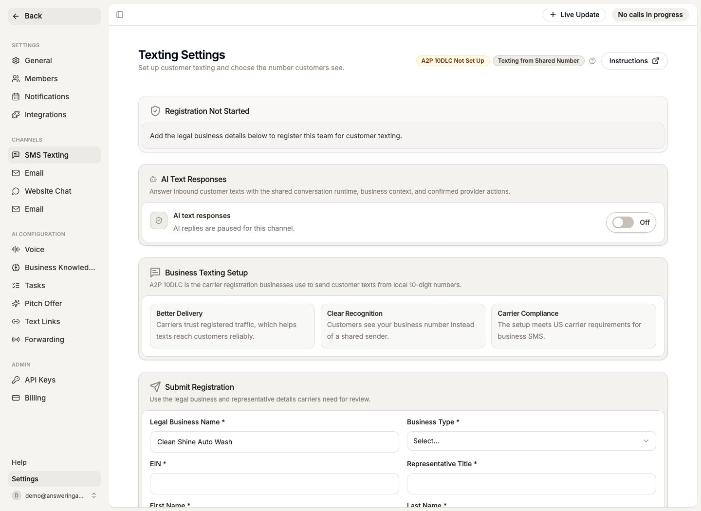 SMS setup page