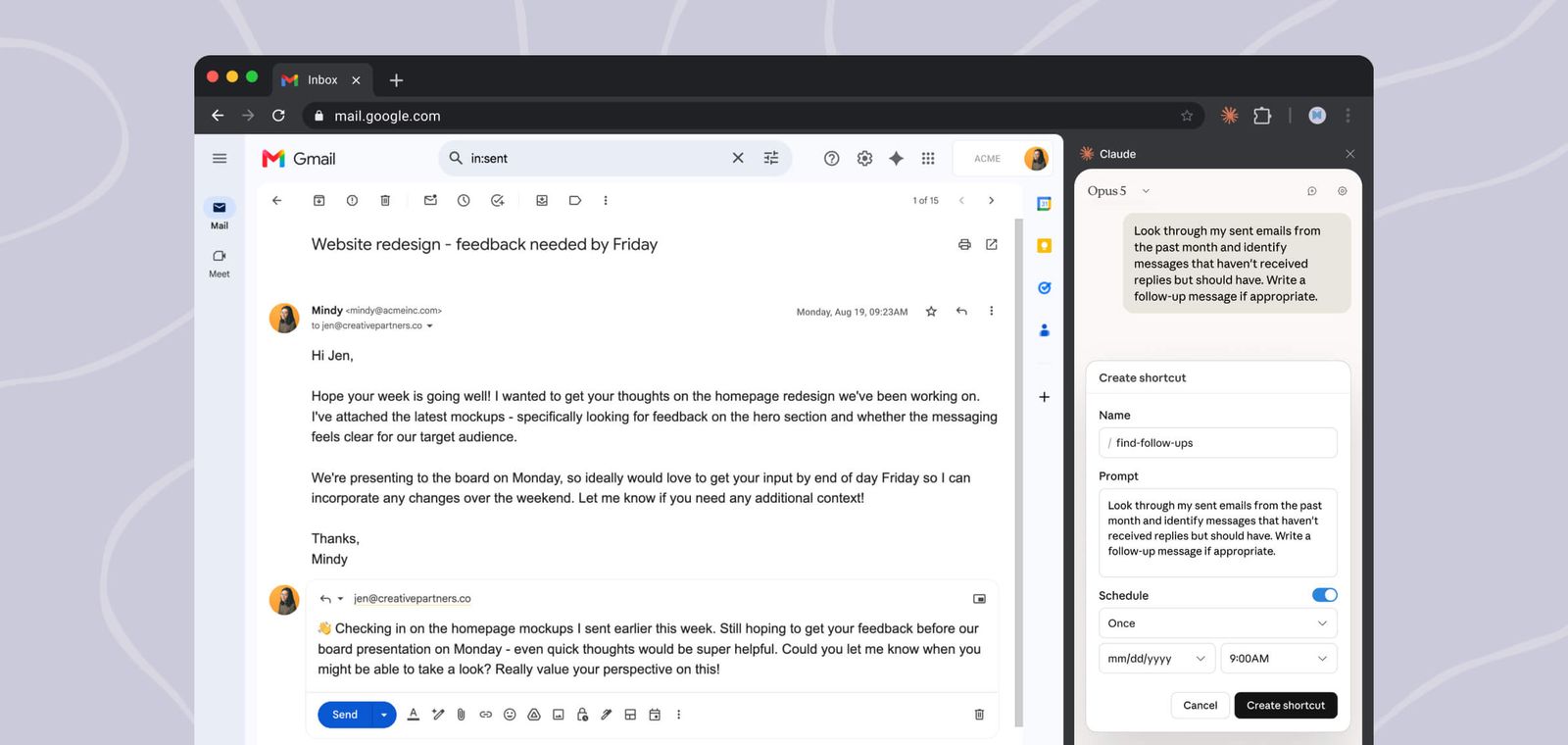 Gmail with the Claude side panel creating a scheduled shortcut named find-follow-ups