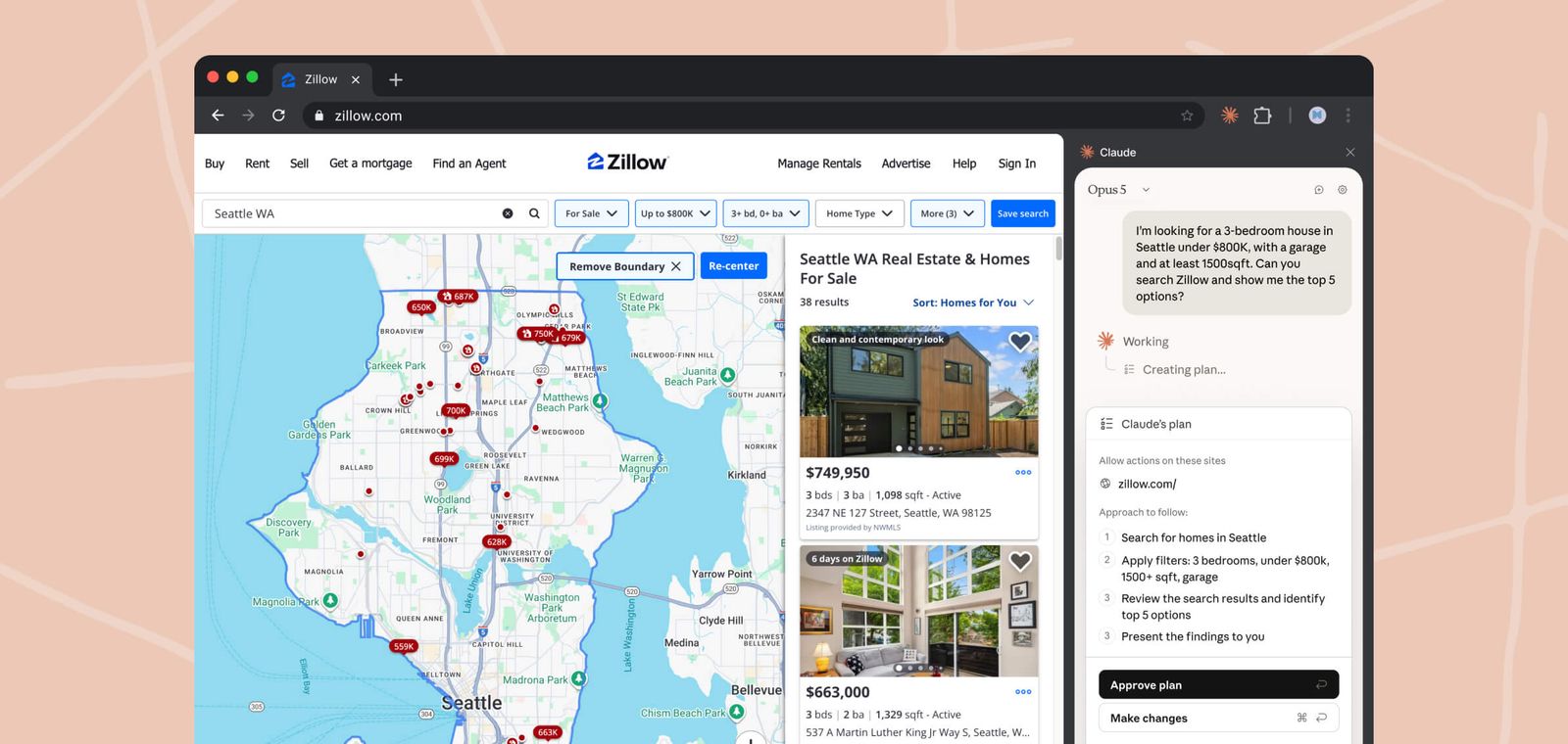Chrome browser on Zillow with the Claude side panel showing a step-by-step plan and an approve button