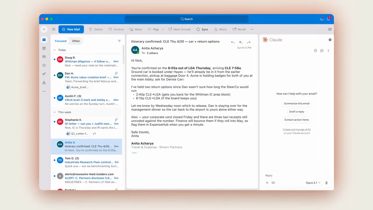 Outlook with the Claude add-in open beside an email thread about a confirmed itinerary