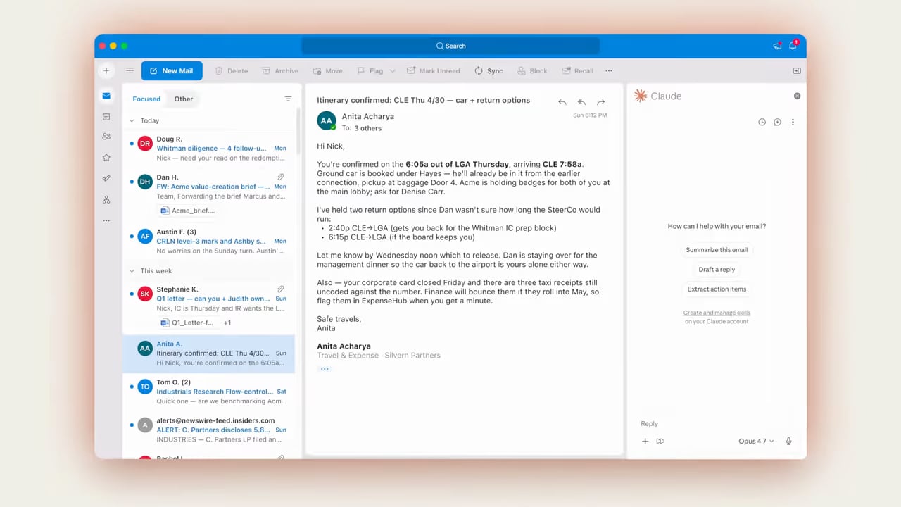 Outlook with the Claude add-in open beside an email thread about a confirmed itinerary