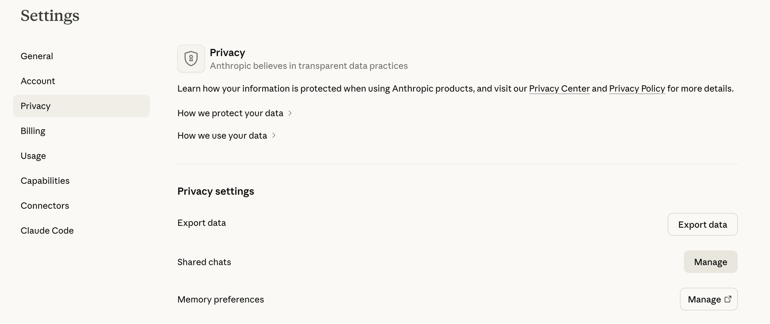 The Claude settings page open to Privacy, showing Export data, Shared chats, and Memory preferences rows