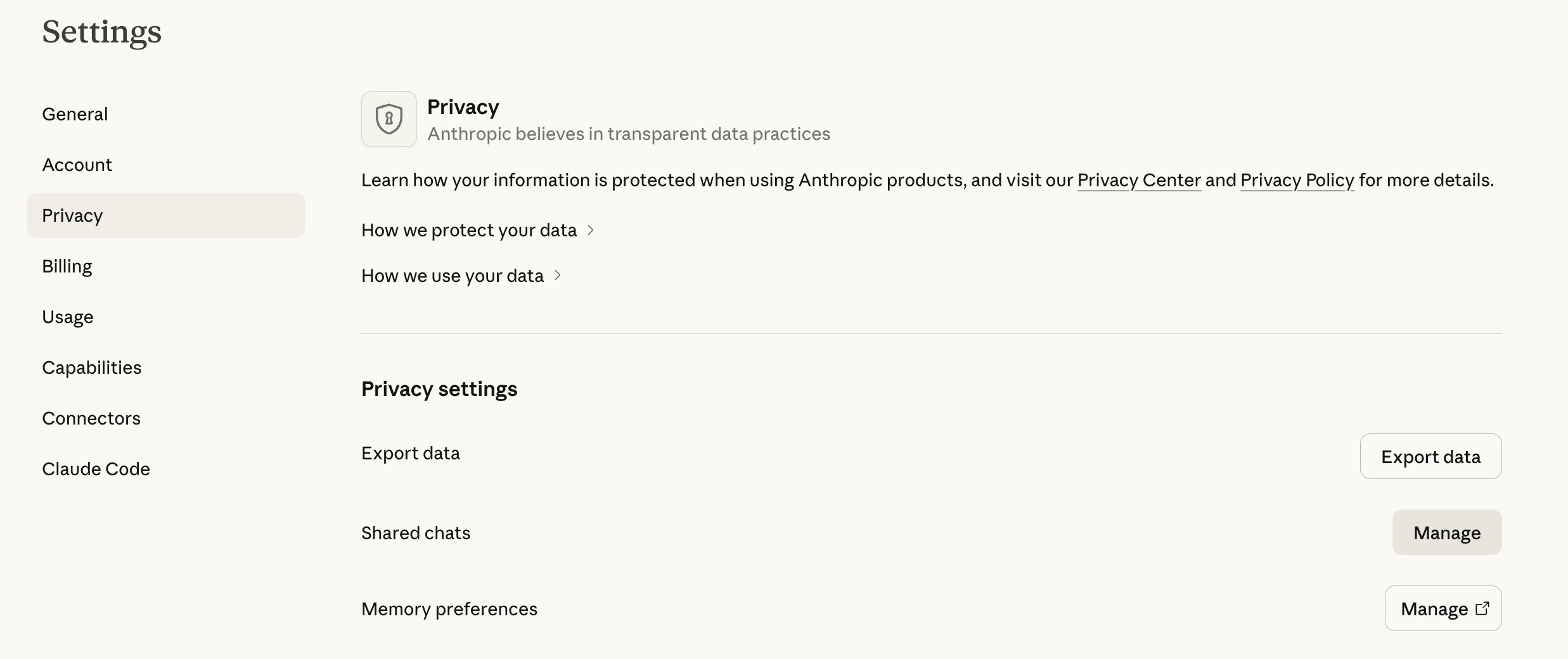 The Claude settings page open to Privacy, showing Export data, Shared chats, and Memory preferences rows