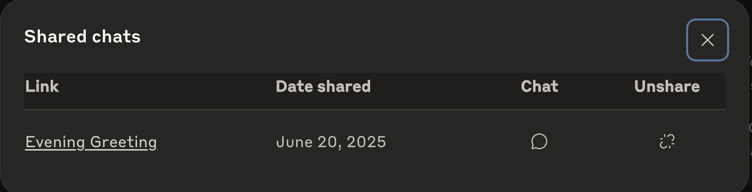 The Shared chats dialog listing a shared conversation with its date and an unshare control