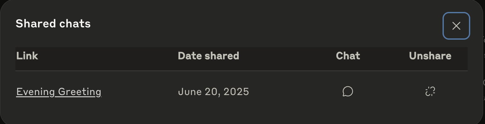 The Shared chats dialog listing a shared conversation with its date and an unshare control
