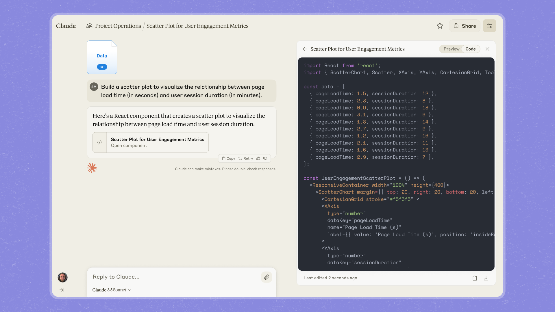 Claude with an artifact open in the side panel showing a React scatter plot component, with Preview and Code toggle buttons at the top of the panel