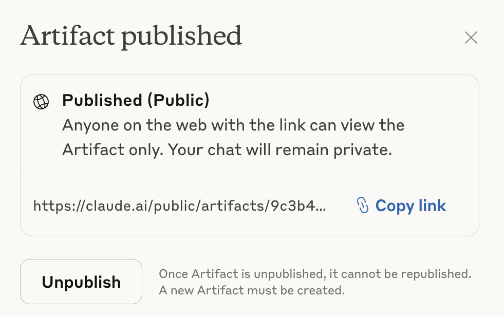 The Artifact published dialog on Free, Pro, and Max plans, showing a public link and an Unpublish button with a warning that unpublished artifacts cannot be republished