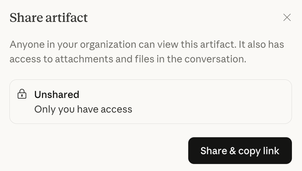 The Share artifact dialog on a Team or Enterprise plan, explaining that anyone in your organization can view the artifact, with a Share and copy link button