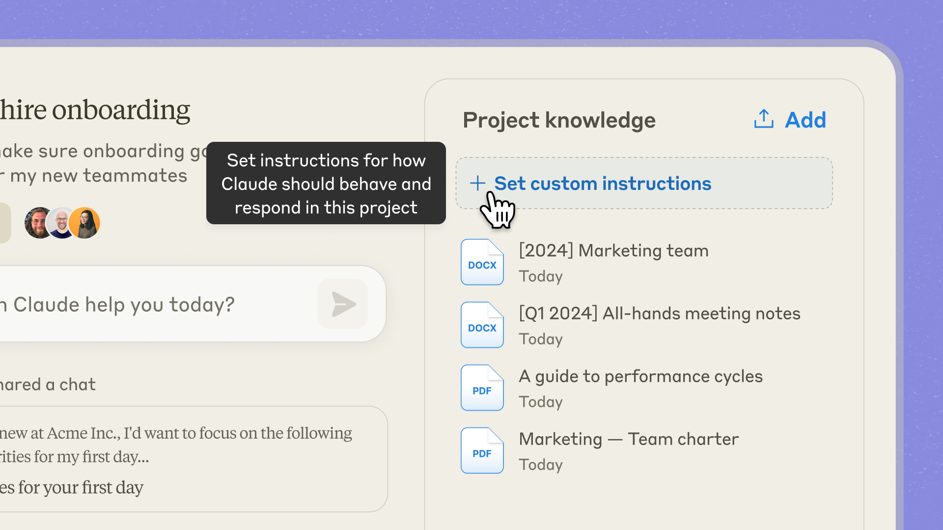 The project knowledge panel in Claude with the Set custom instructions button highlighted above a list of uploaded team documents