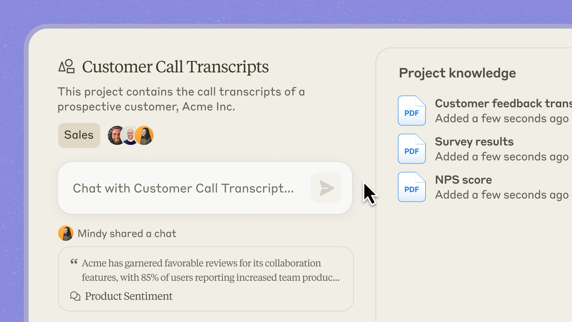 A Claude project workspace showing the chat area on the left and the project knowledge panel with uploaded PDF files on the right