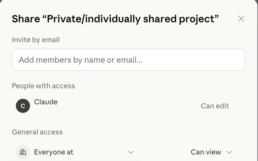 The project share dialog showing invite by email, a list of people with access and their permission levels, and a general access setting for the whole organization