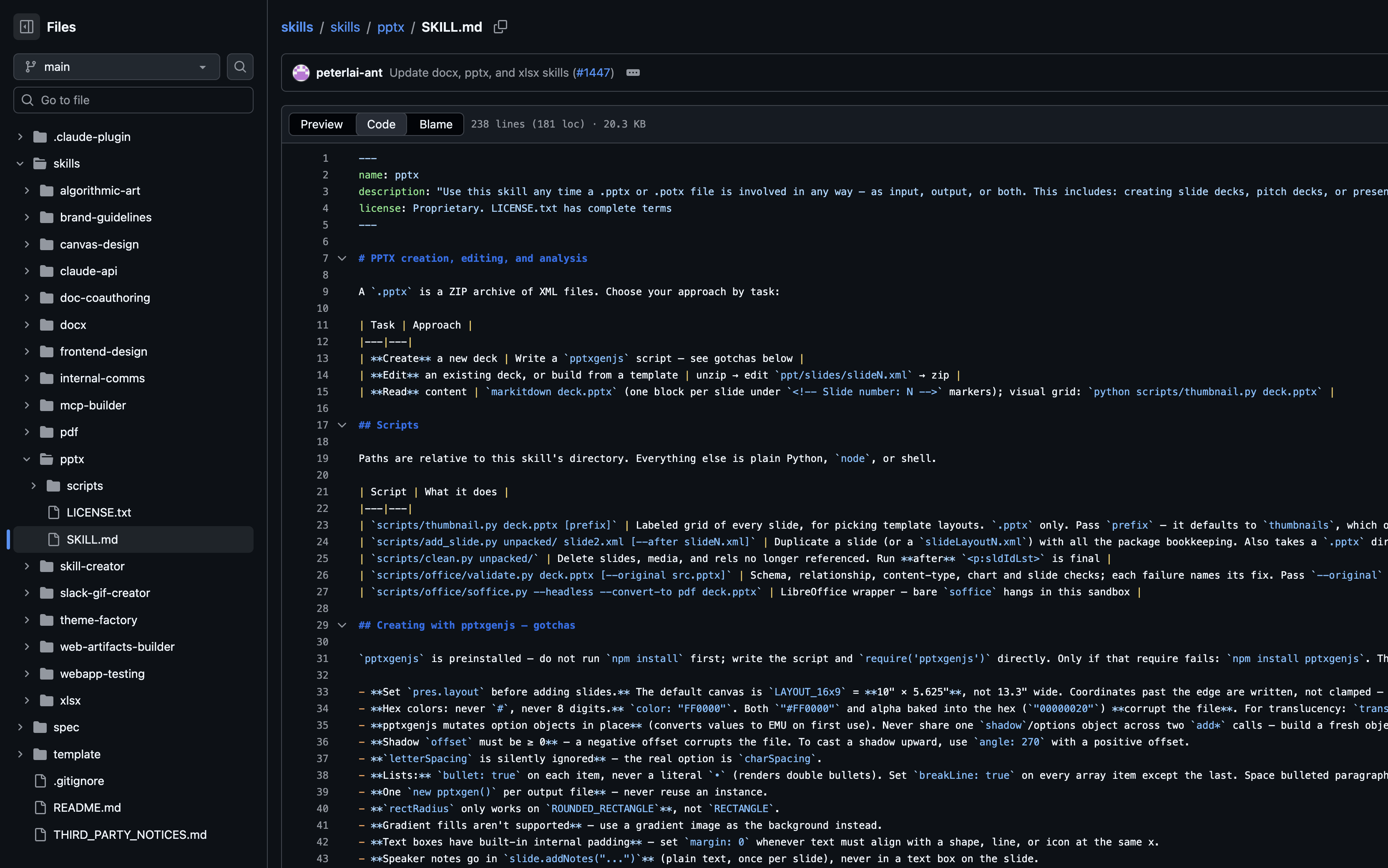 The real pptx SKILL.md in the anthropics/skills repository: YAML frontmatter with name and description, followed by 238 lines of instructions, with a scripts folder visible in the file tree