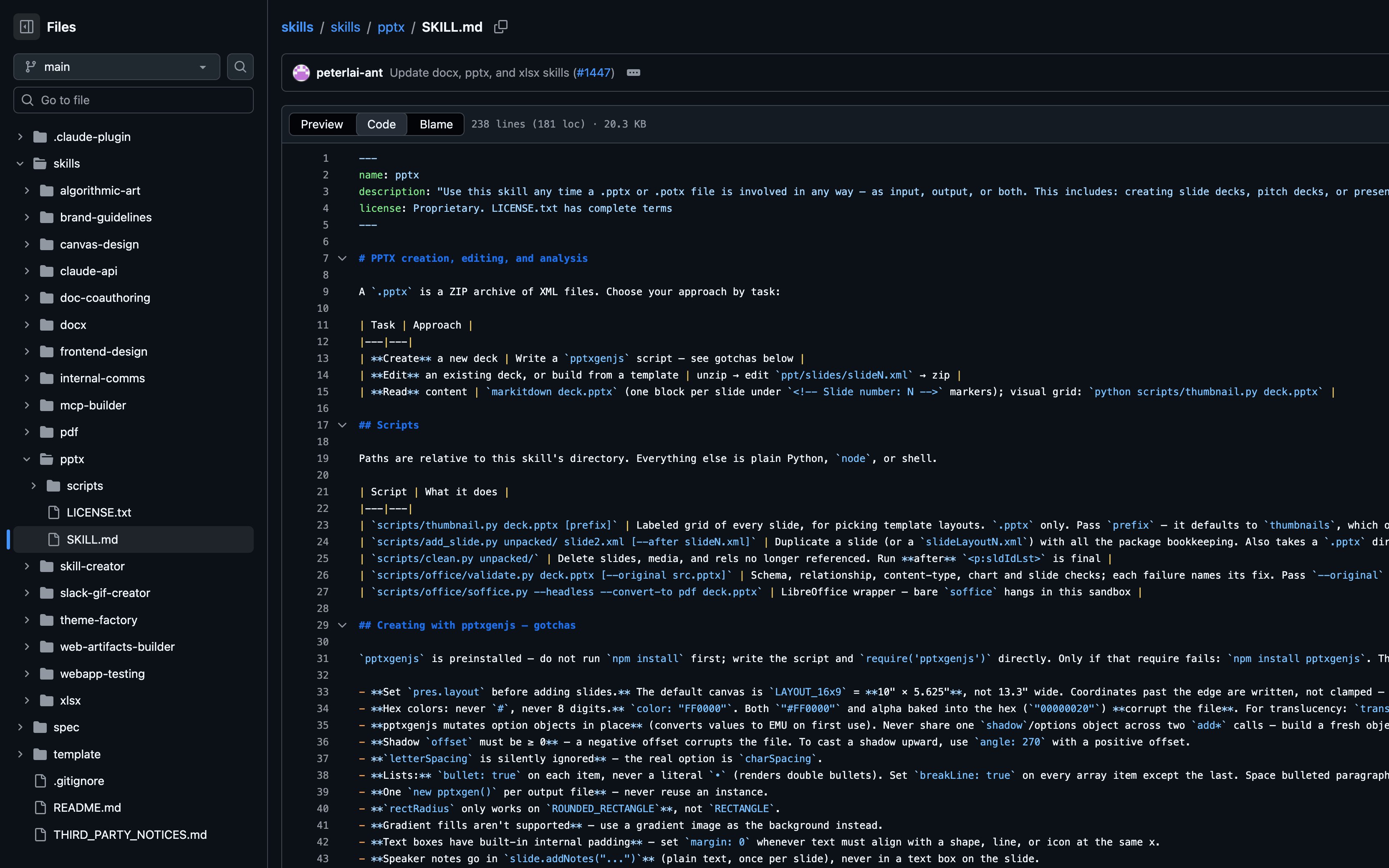 The real pptx SKILL.md in the anthropics/skills repository: YAML frontmatter with name and description, followed by 238 lines of instructions, with a scripts folder visible in the file tree