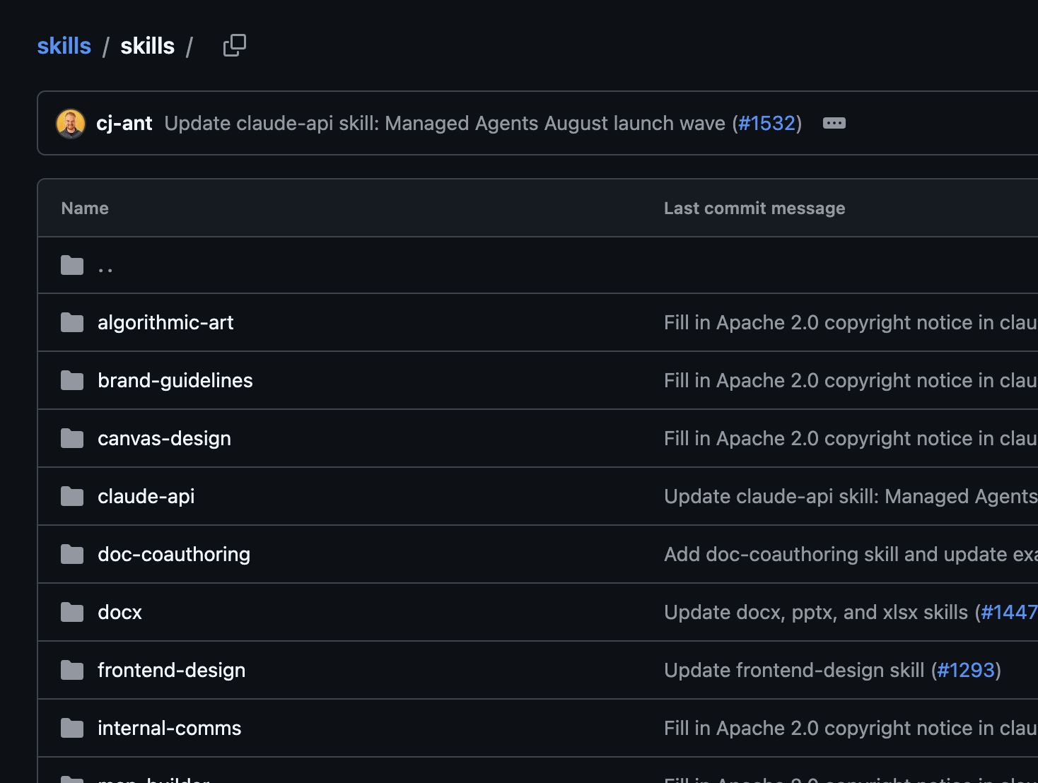 The anthropics/skills repository file listing showing seventeen skill folders: algorithmic-art, brand-guidelines, canvas-design, claude-api, doc-coauthoring, docx, frontend-design, internal-comms, mcp-builder, pdf, pptx, skill-creator, and more
