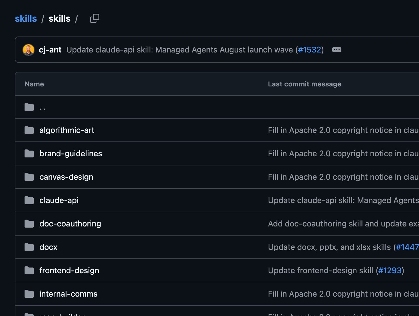 The anthropics/skills repository file listing showing seventeen skill folders: algorithmic-art, brand-guidelines, canvas-design, claude-api, doc-coauthoring, docx, frontend-design, internal-comms, mcp-builder, pdf, pptx, skill-creator, and more