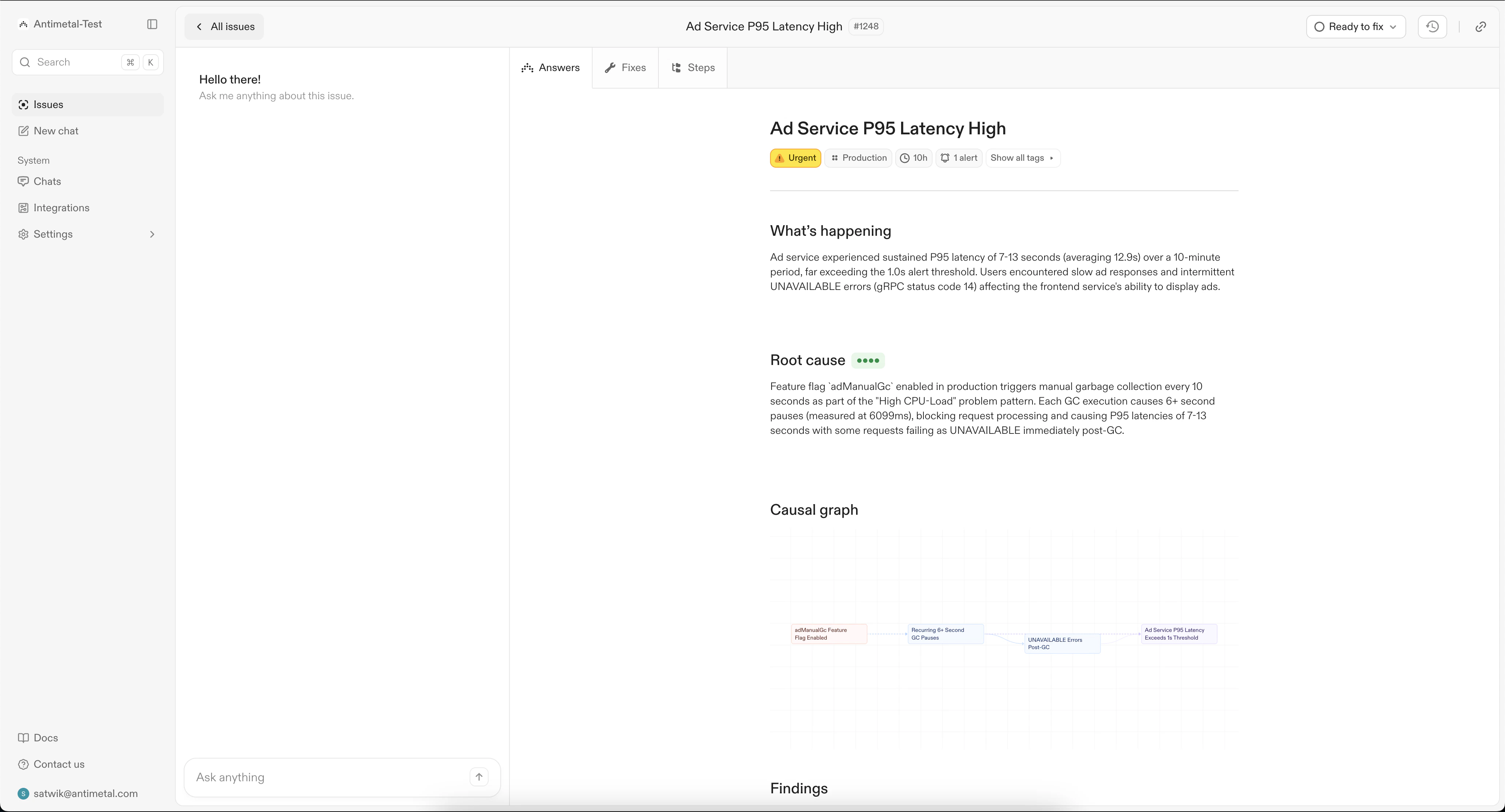 Answers tab with root cause and causal graph