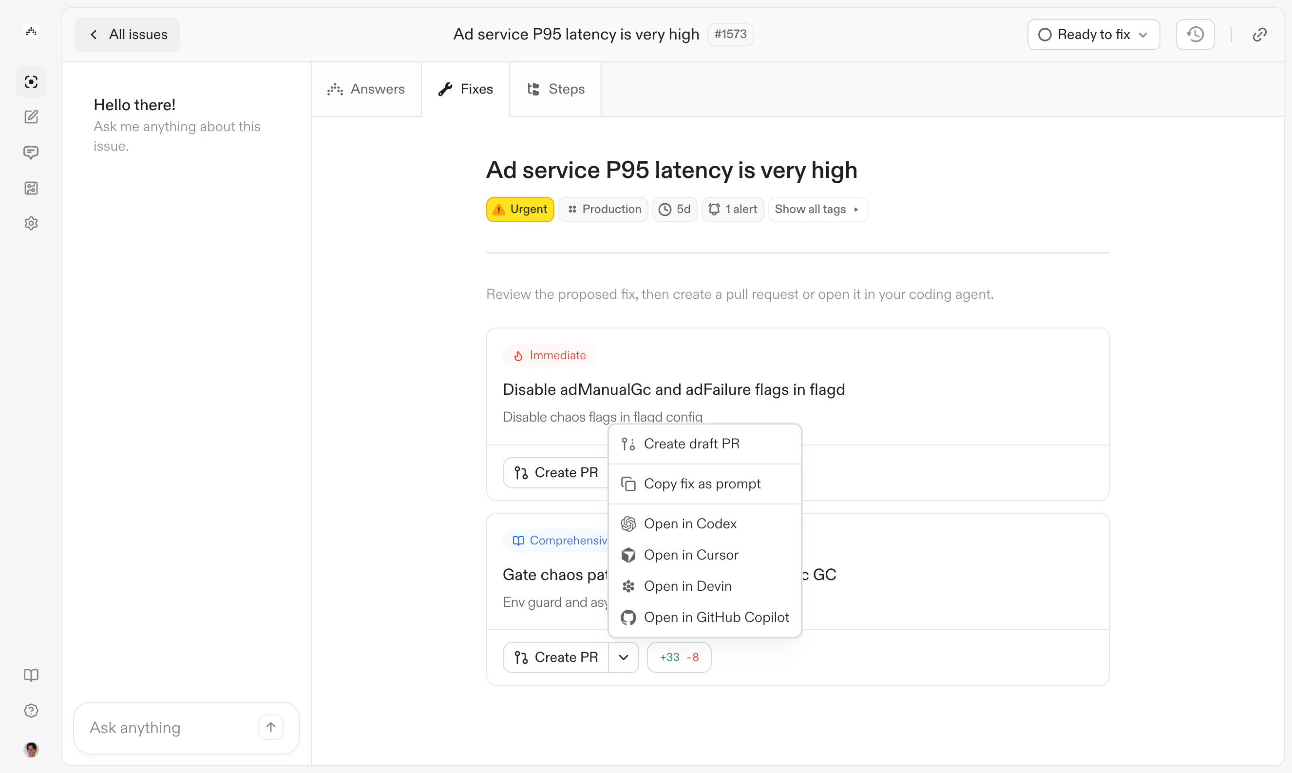 Create PR action menu with Codex, Cursor, Devin, and GitHub Copilot options
