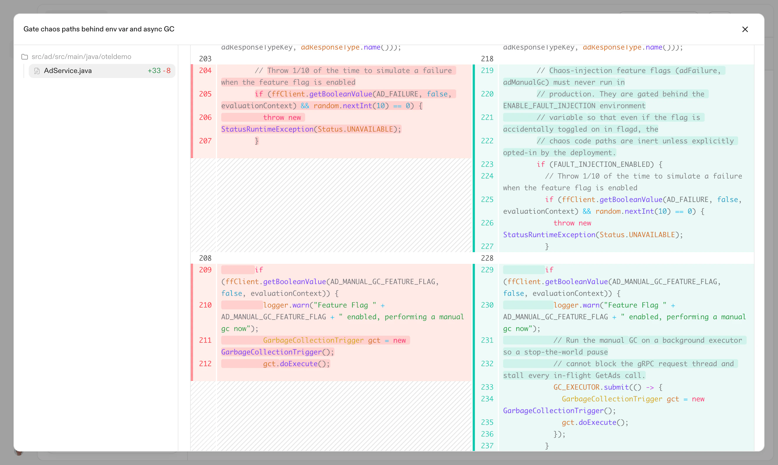 Side-by-side diff viewer for a comprehensive fix