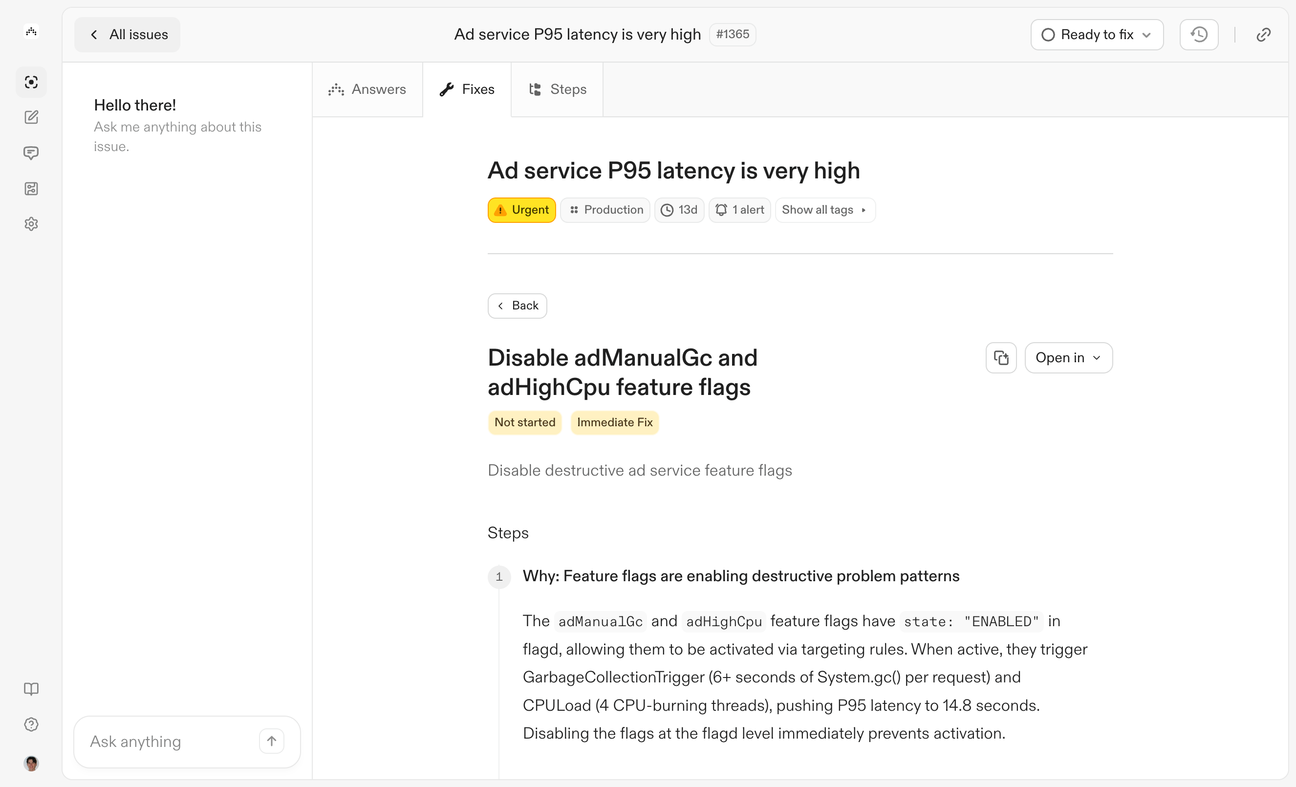 Immediate fix detail with numbered steps and a CLI snippet