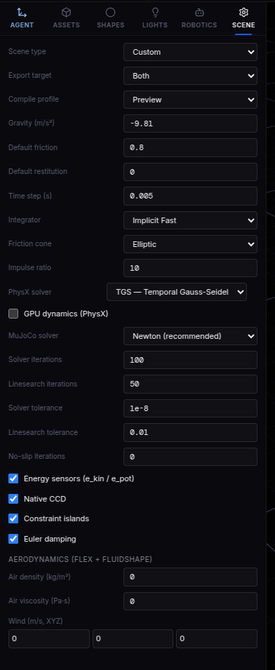 Scene settings and physics defaults panel