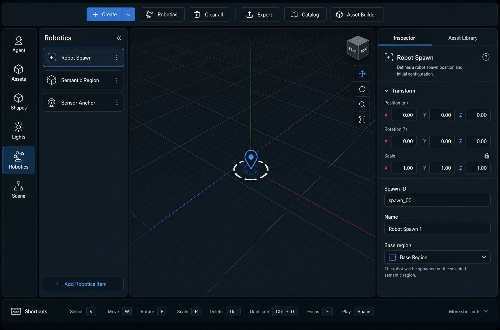 Robotics tab with spawn, region, and sensor anchor