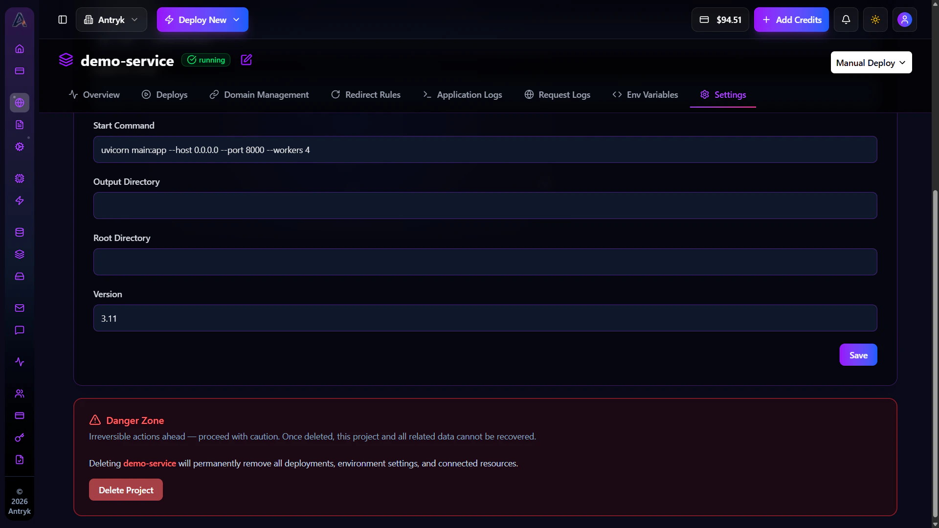 Web Service Settings Page